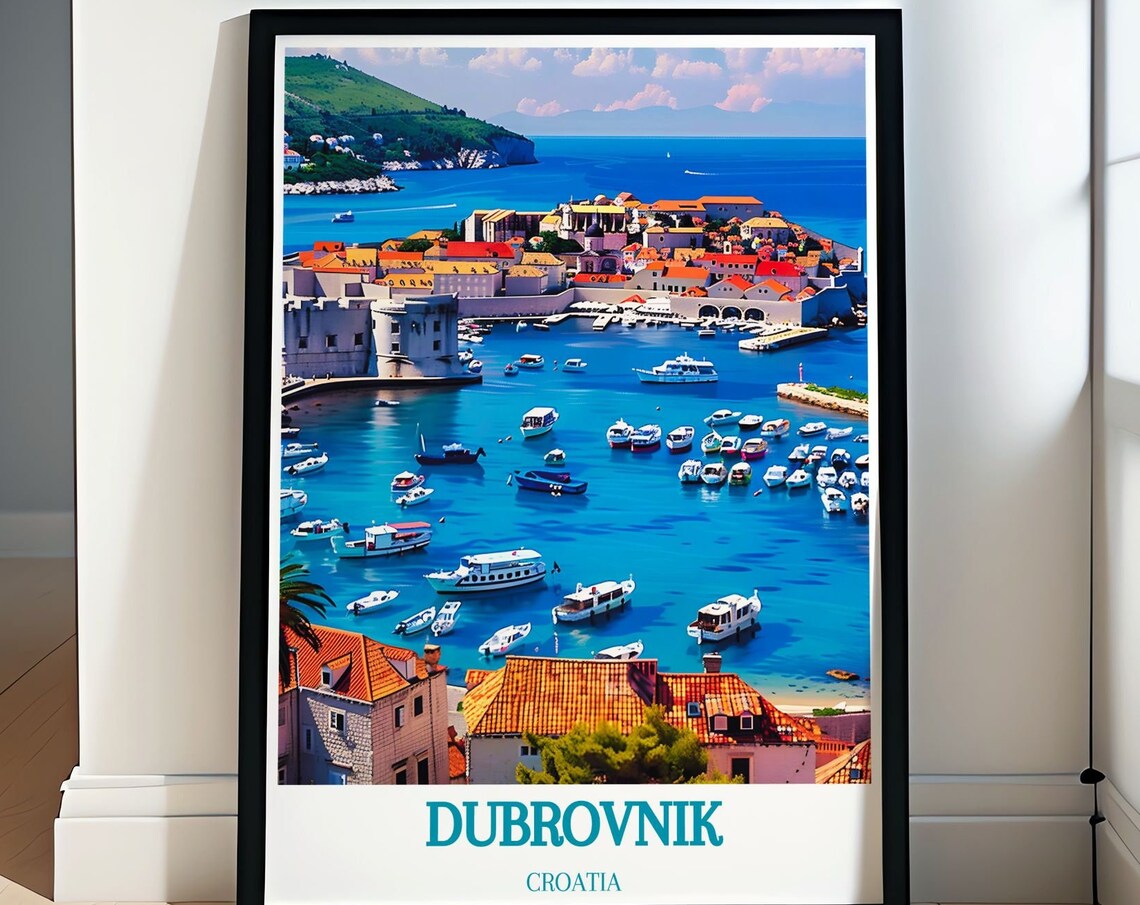 Dubrovnik Croatia Travel Poster Aerial Harbor Boats Adriatic Coast