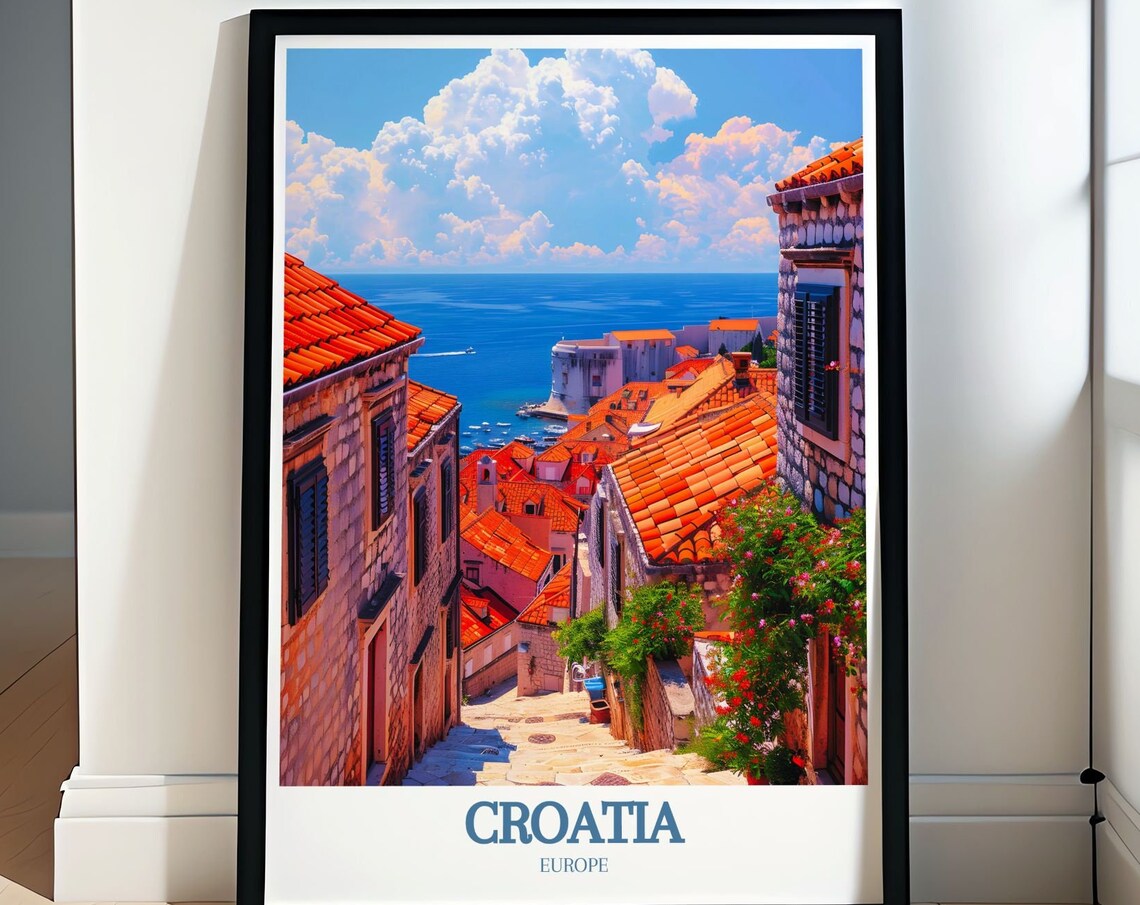Croatia Europe Old Town Alley Red Roofs Over Blue Sea Poster