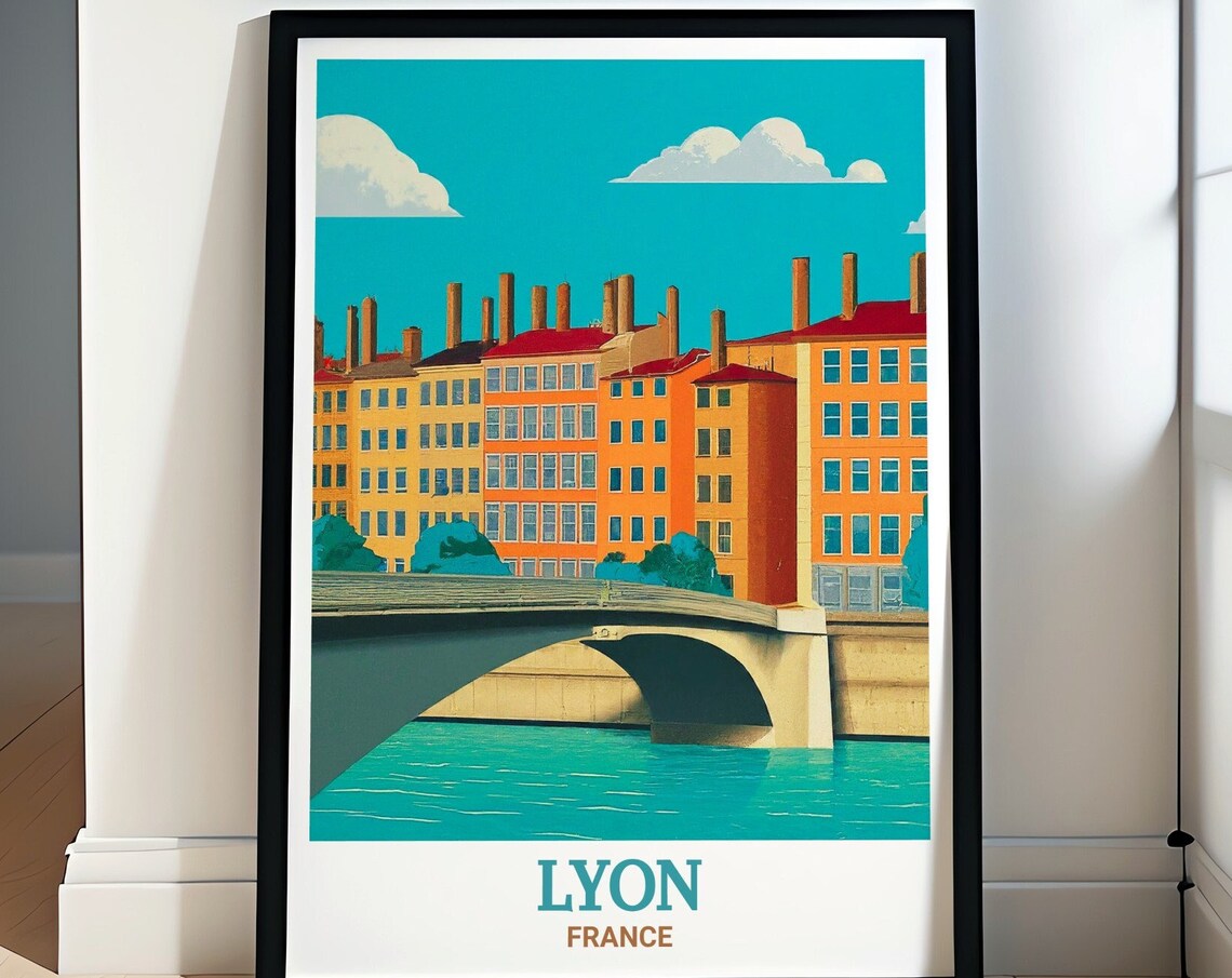 Lyon Vieux Lyon Riverside Bridge Old Town France City Travel Poster