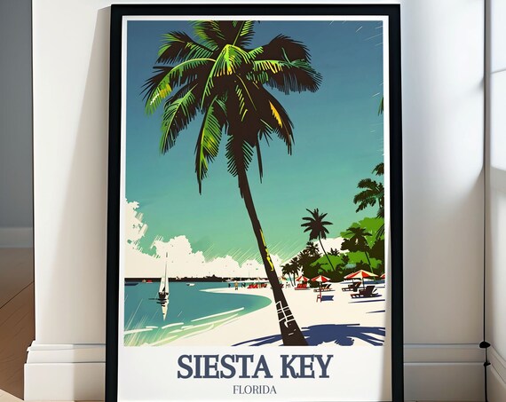 Siesta Key Beach Leaning Palm Tree Sailboat Umbrellas Coast Poster
