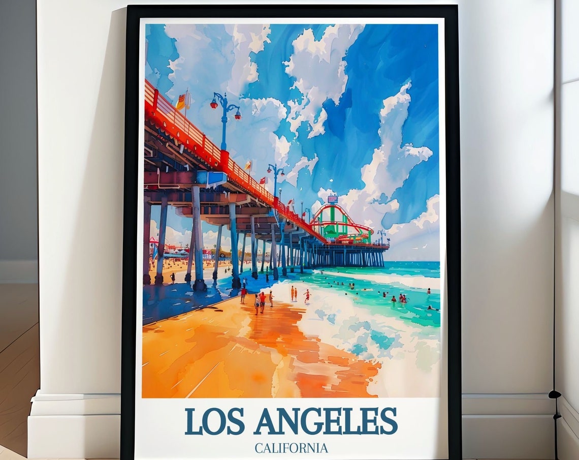 Los Angeles Travel Print Santa Monica Pier Art Print Santa Monica Pier Amusement Park Travel Poster California Travel Poster