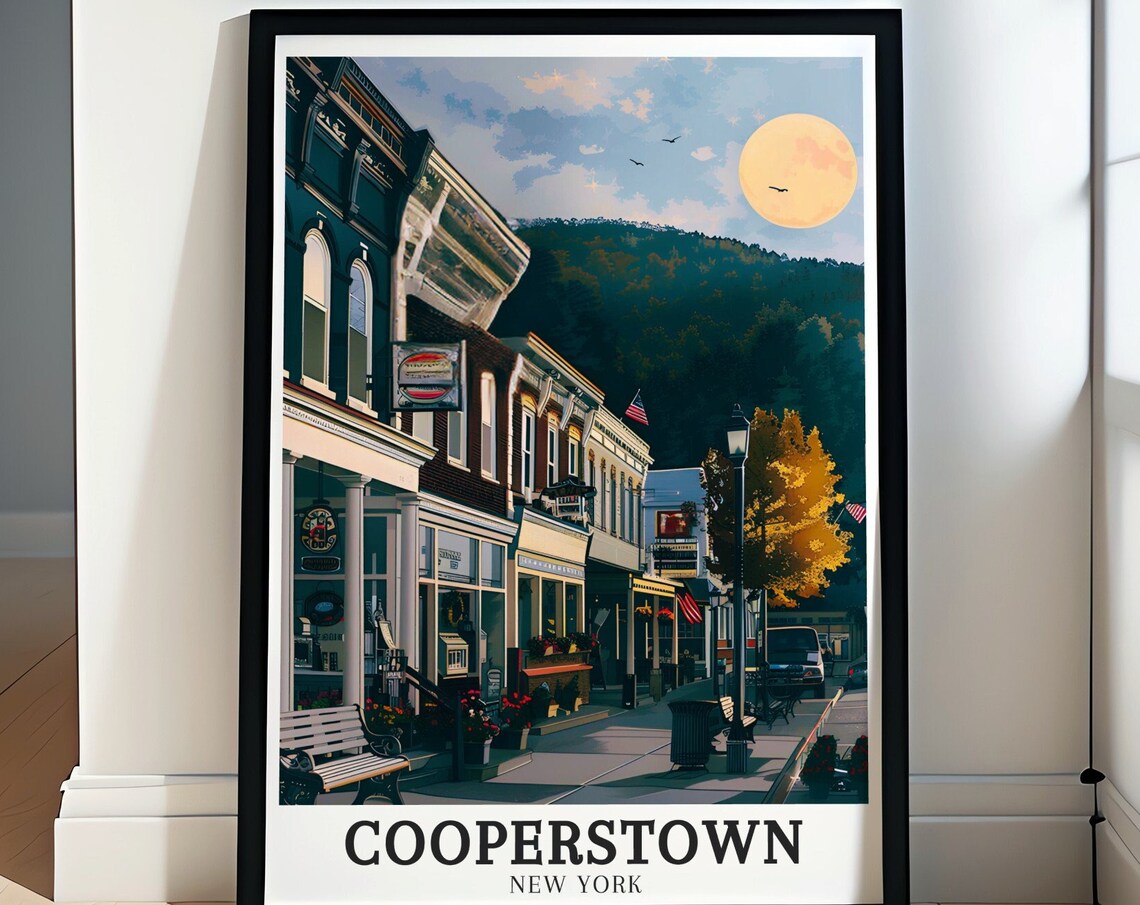 Cooperstown Main Street Moonlit Evening New York Vintage Poster