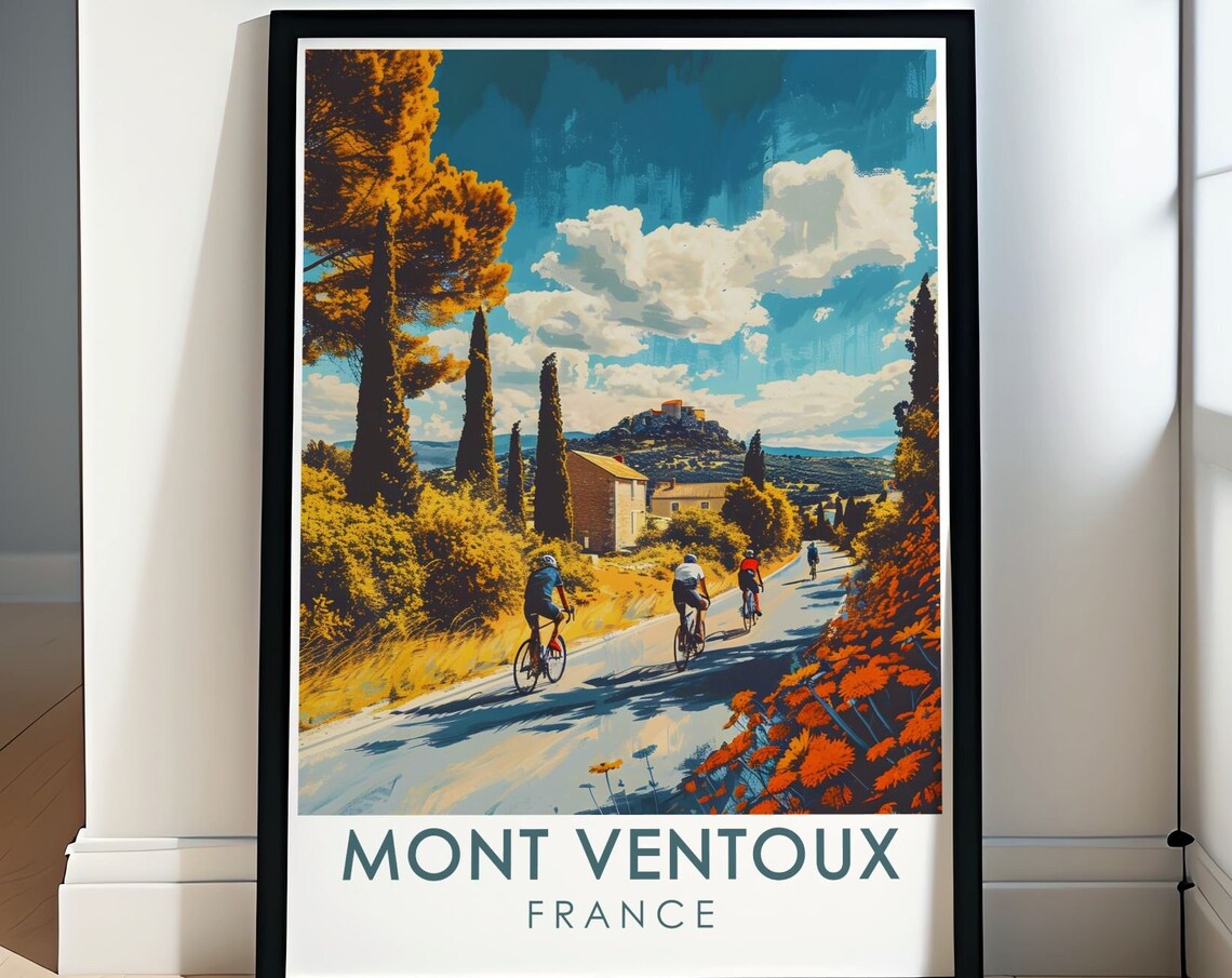 Mont Ventoux France Cyclists Climbing Past Cypress Groves Poster