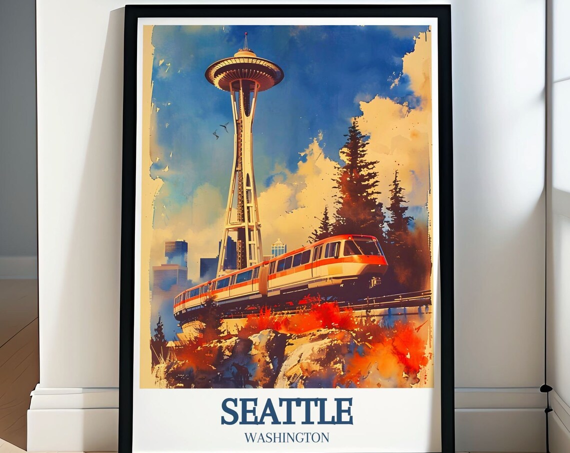 Seattle Space Needle and Monorail Watercolor Washington Travel Poster