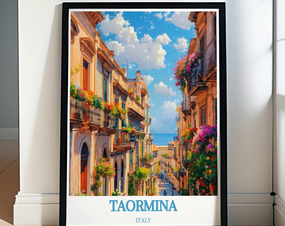 Taormina Italy Corso Umberto Flower Balcony Street Scene Poster