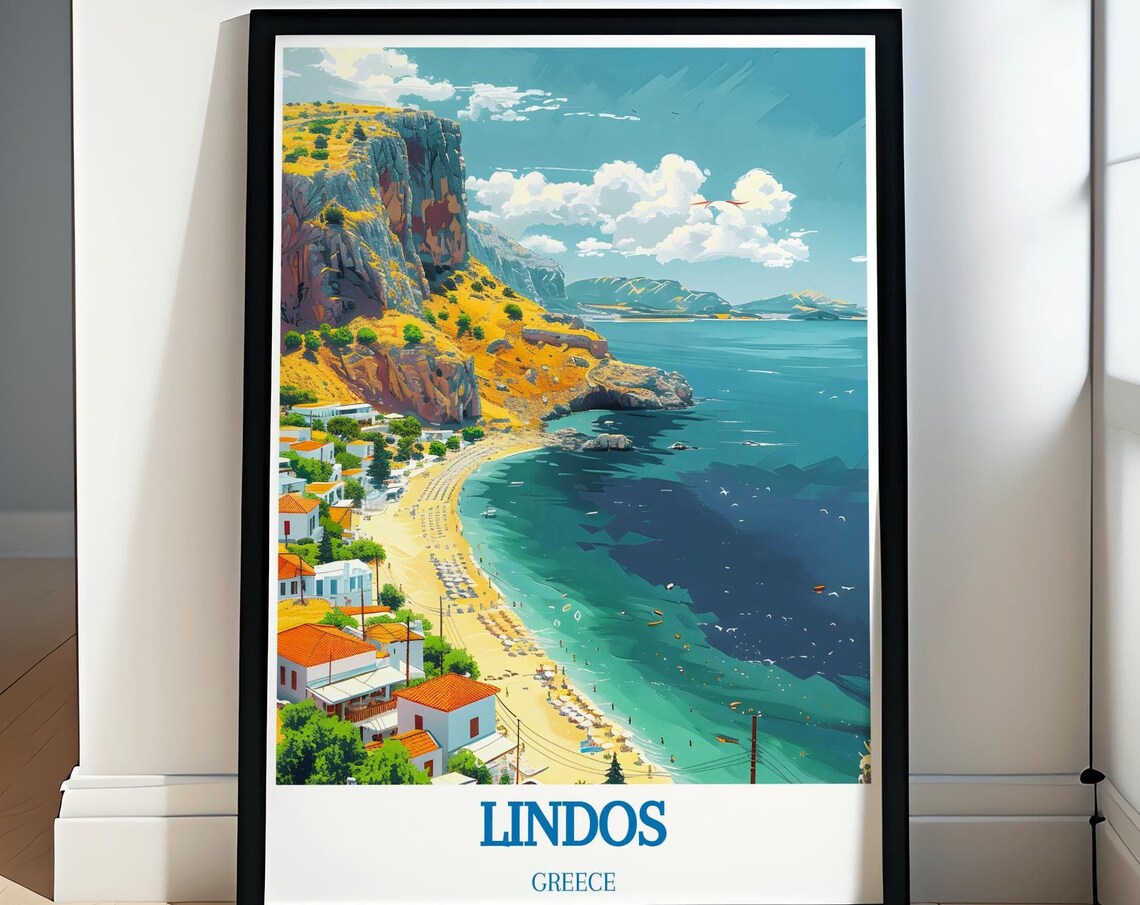 Lindos Rhodes Coastal Bay Whitewashed Town Greece Travel Poster