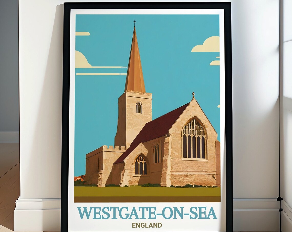 Westgate-on-Sea Kent St Saviours Church Spire Retro Travel Art Poster