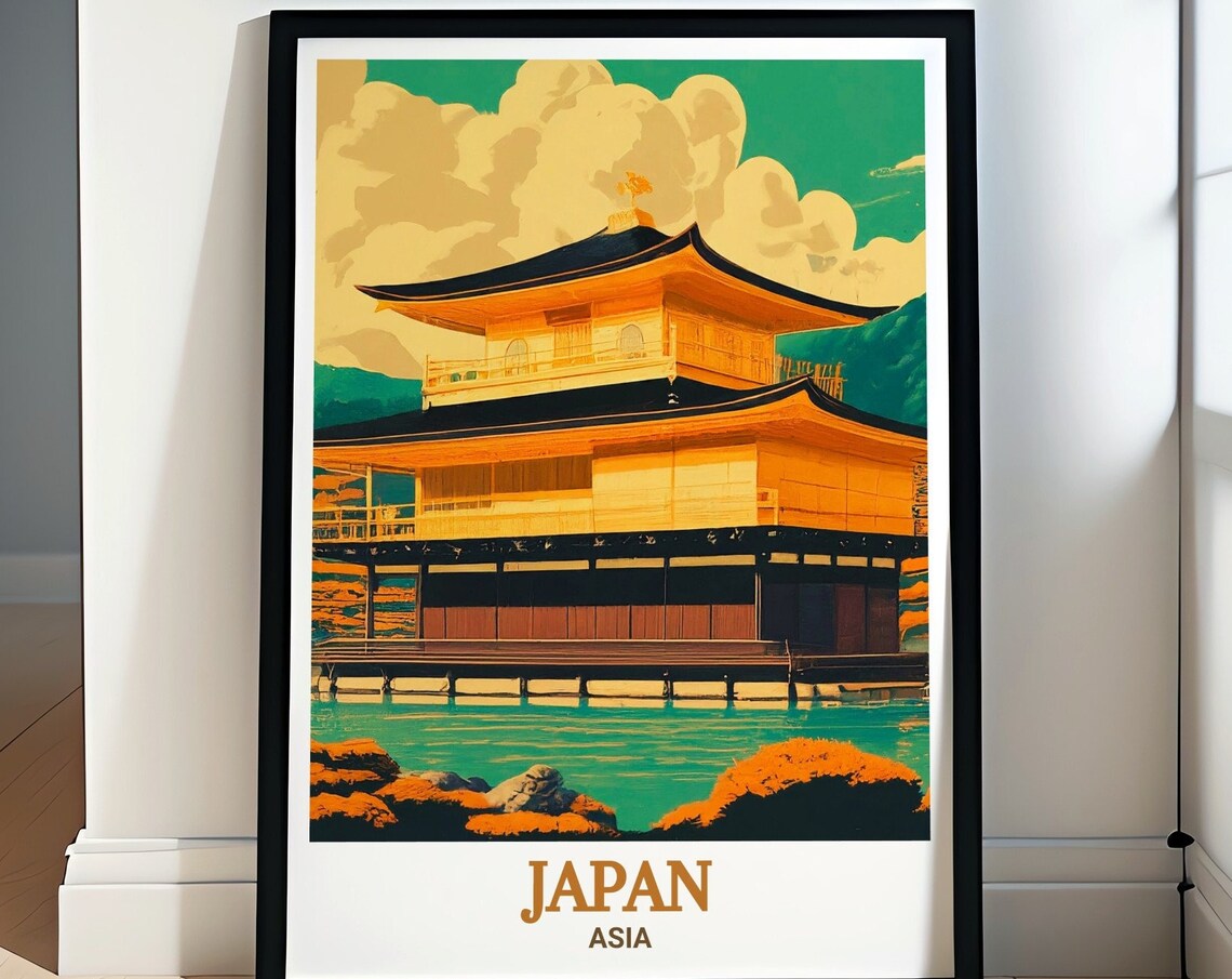 Japan Kyoto Kinkakuji Golden Pavilion Retro Asia Travel Poster
