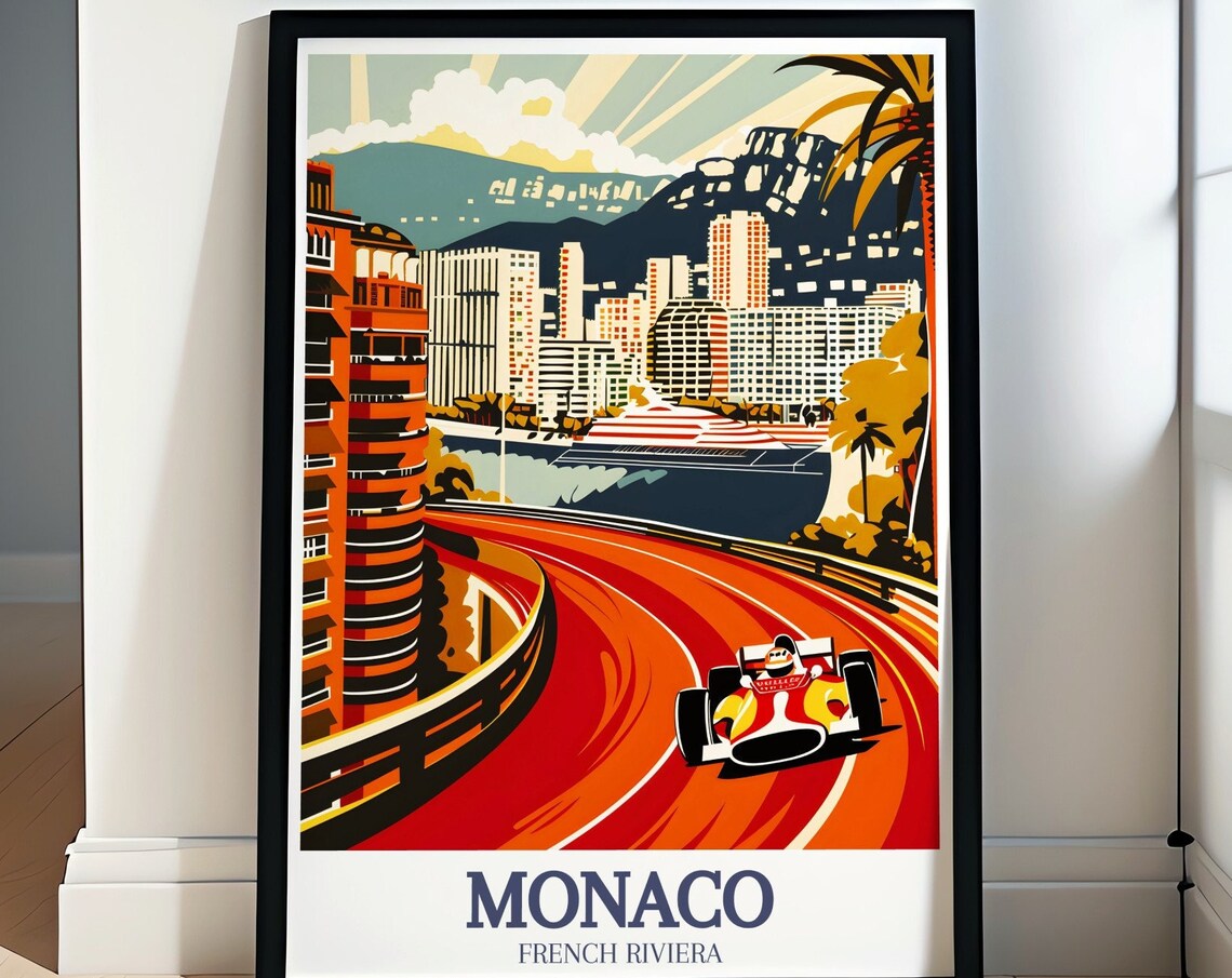 Monaco French Riviera Vintage Race Car Harbor Cityscape Poster
