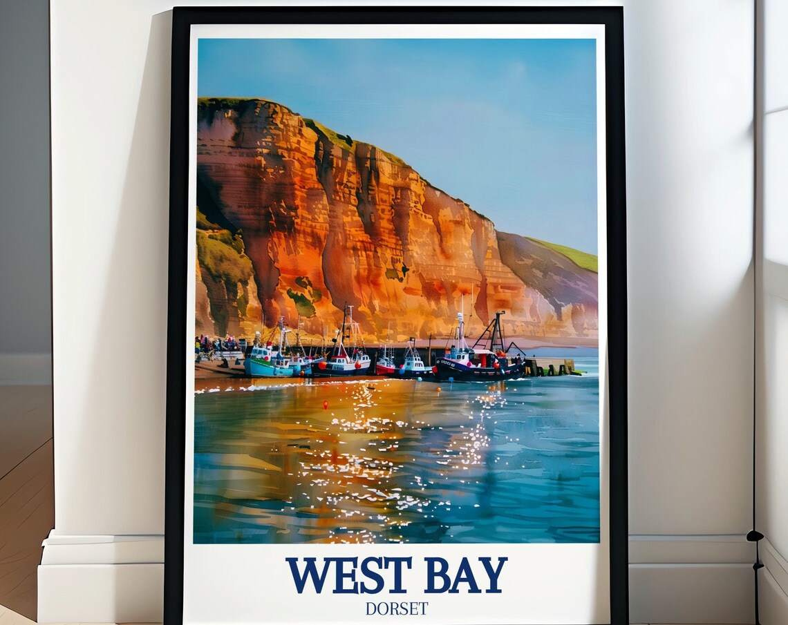 West Bay Dorset Fishing Boats Red Cliffs Seaside Travel Poster