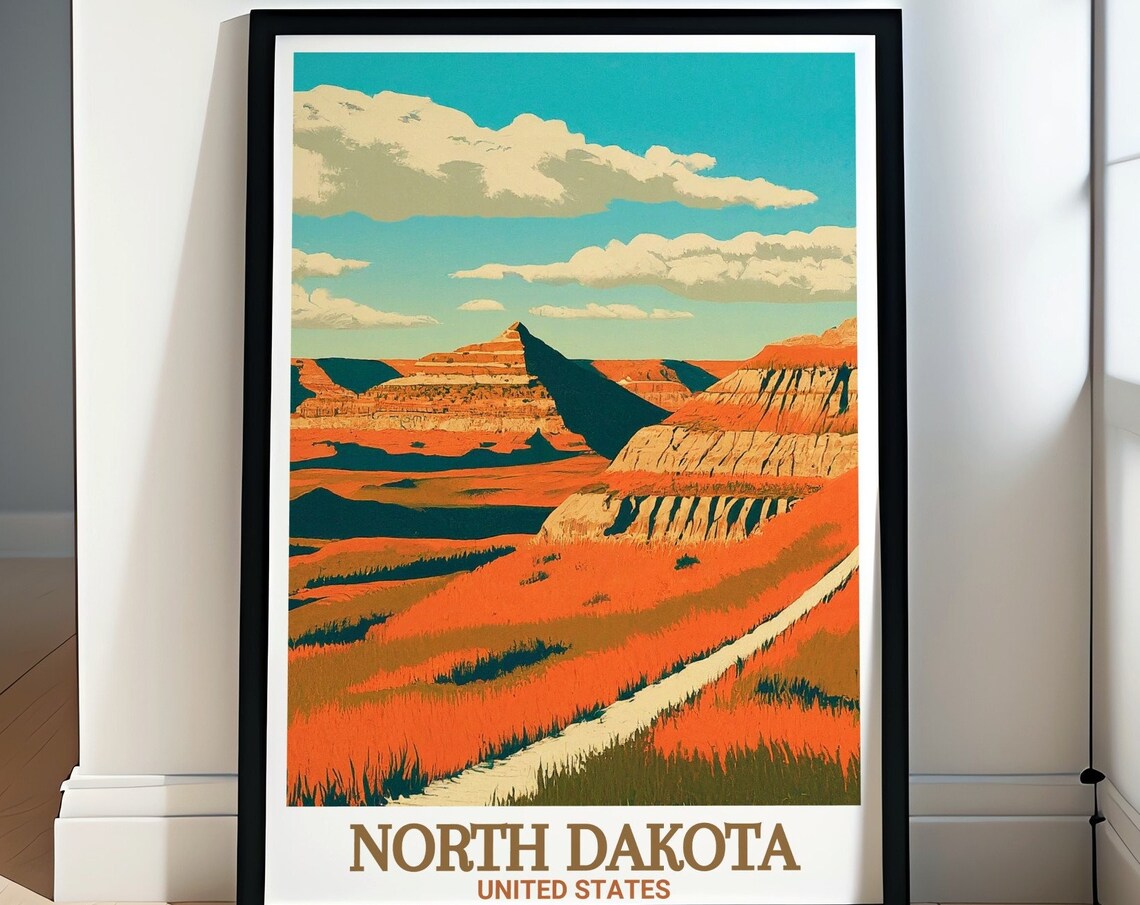 North Dakota Orange Badlands Hiking Trail Prairie Sunset Poster