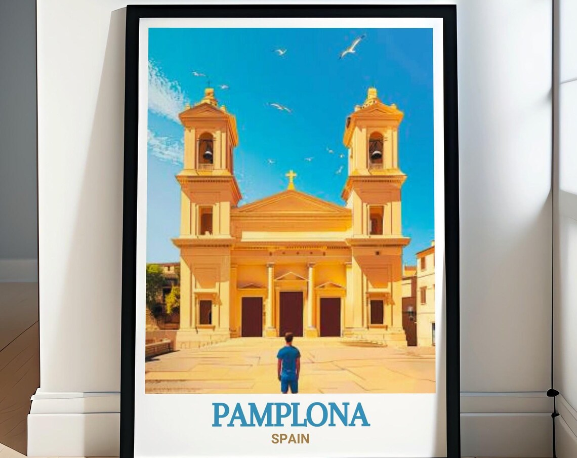 Pamplona Spain Twin-Towered Cathedral Against Blue Sky Poster