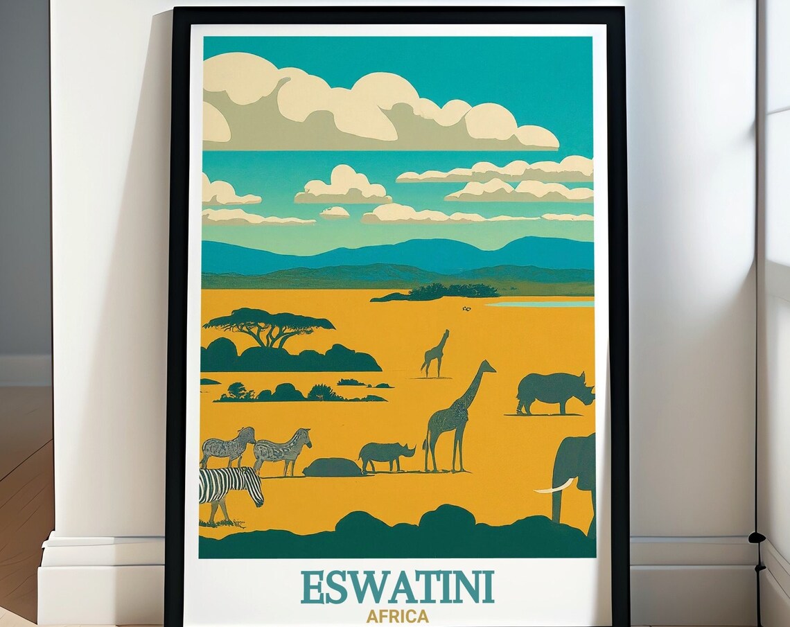 Eswatini Africa Safari Wildlife Giraffe Zebra Savannah Poster