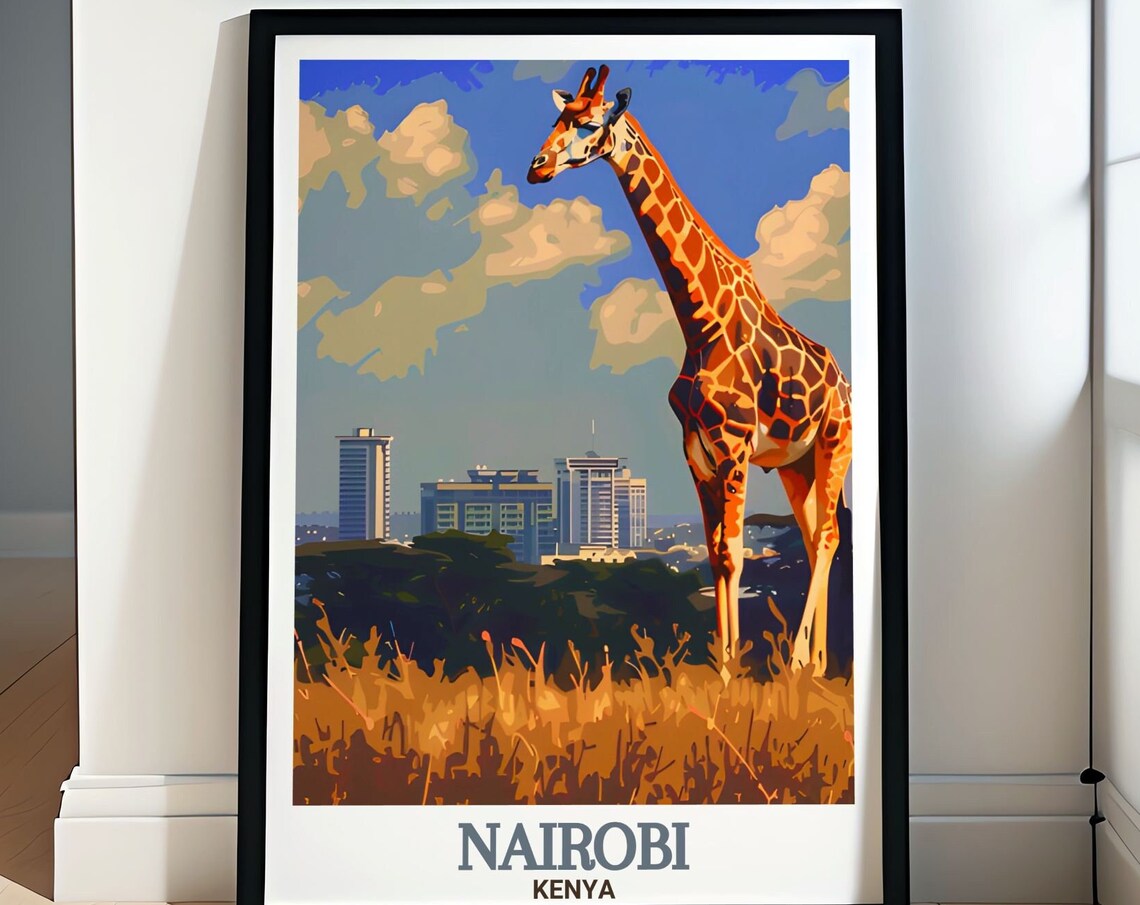 Nairobi Kenya Giraffe Before City Skyline Safari Travel Poster