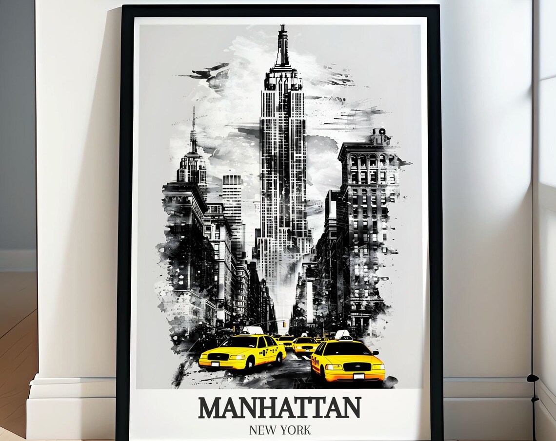 Manhattan New York Empire State Building Yellow Taxis Street Poster