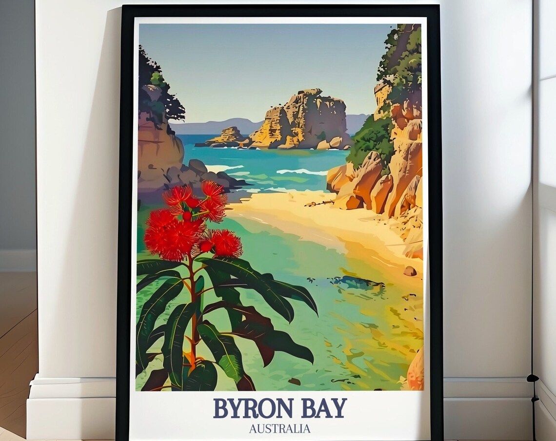 The Pass Byron Bay Cove Red Flowers Australia Coastal Wall Art