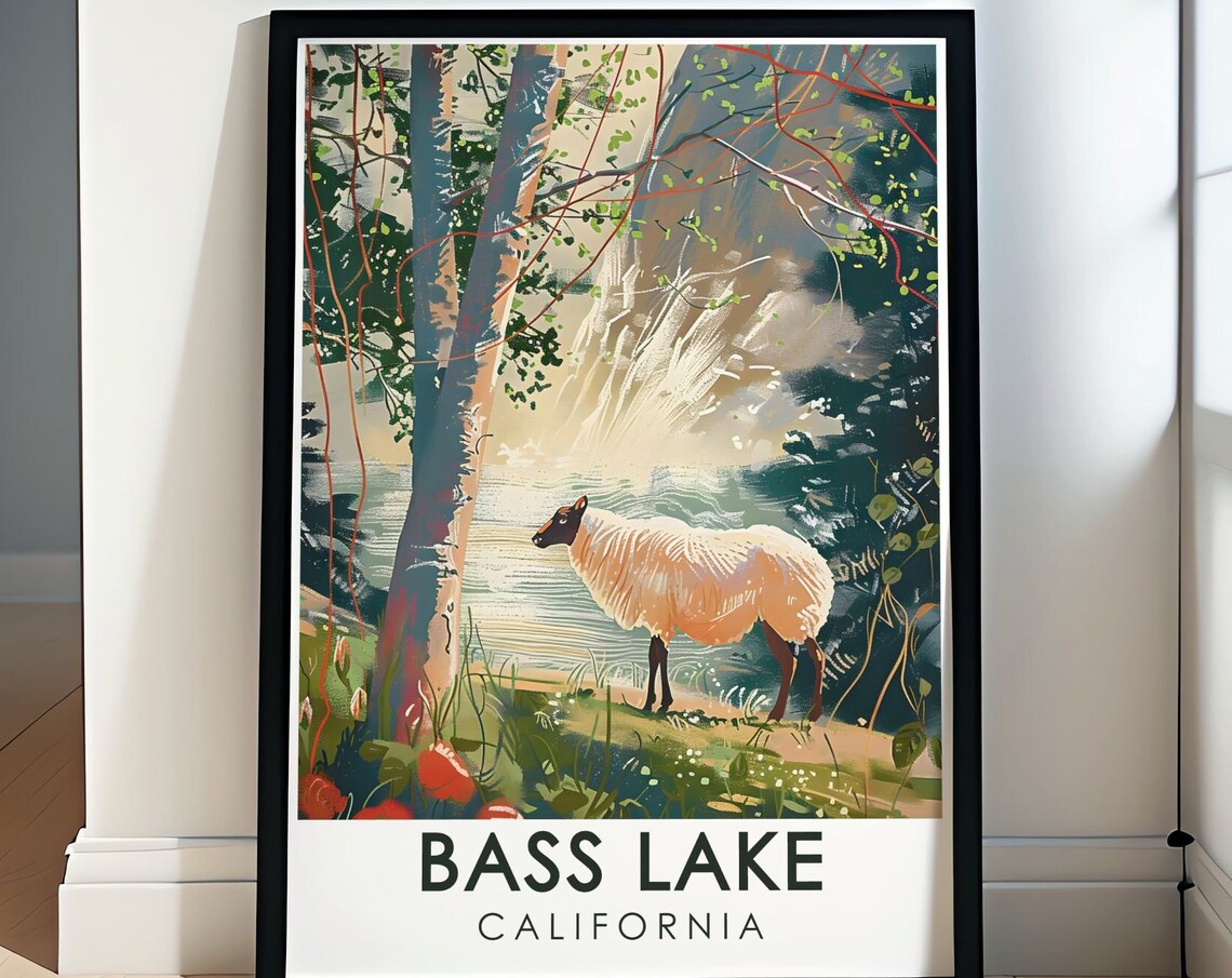 Bass Lake California Sheep Grazing at the Woodland Shore Poster