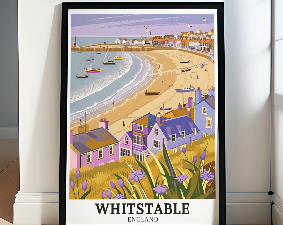 Whitstable England Beach Purple Cottages Vintage Travel Poster
