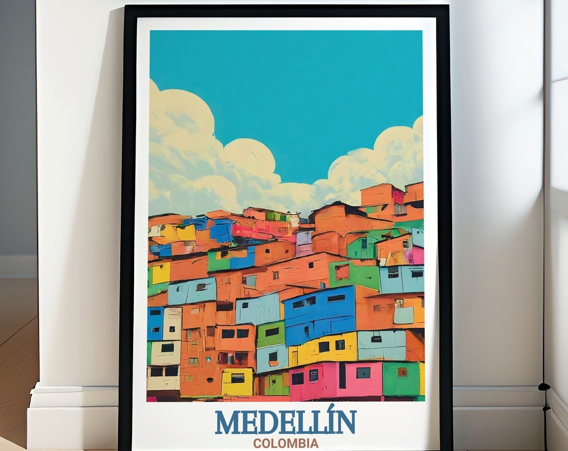 Medellin Colombia Comuna 13 Colorful Hillside Homes Scene Poster
