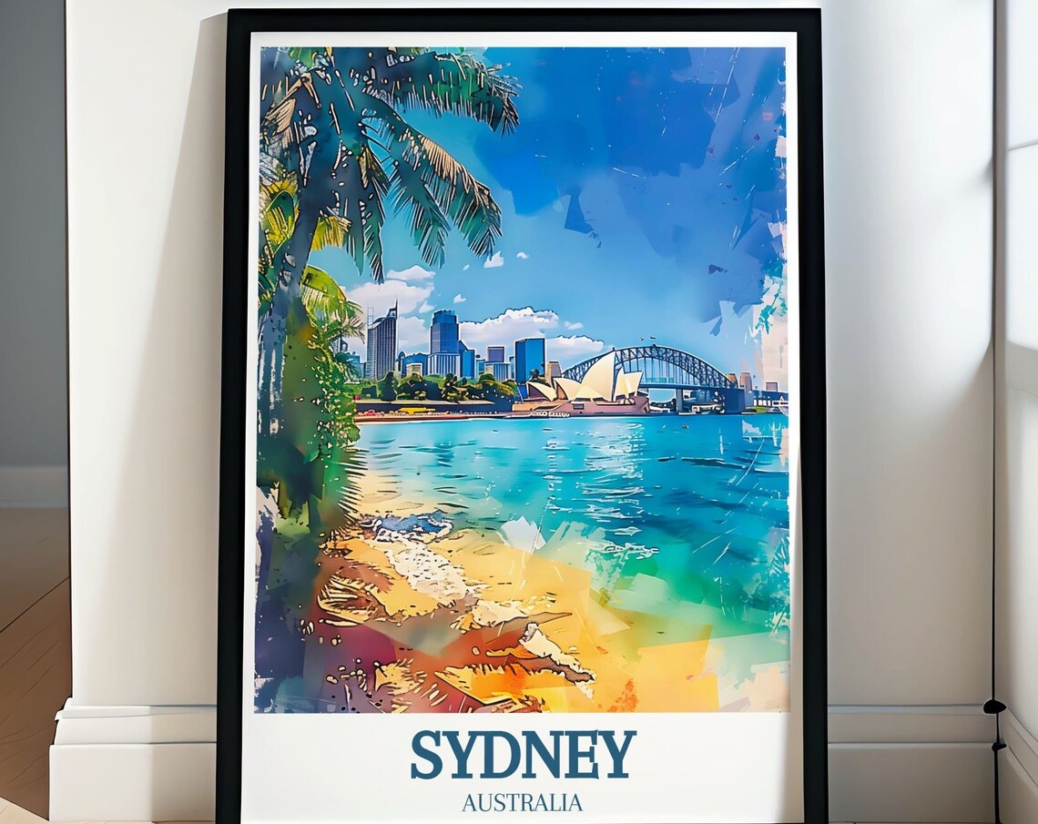Sydney Australia Harbor Beach Palms Watercolor Travel Poster
