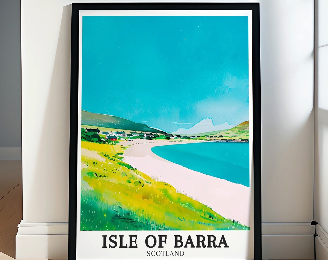 Isle Of Barra Travel Poster Traigh Mhor Beach And Ardmhor Village Decor Traigh Mhor Beach And Ardmhor Village Art Isle Of Barra Art
