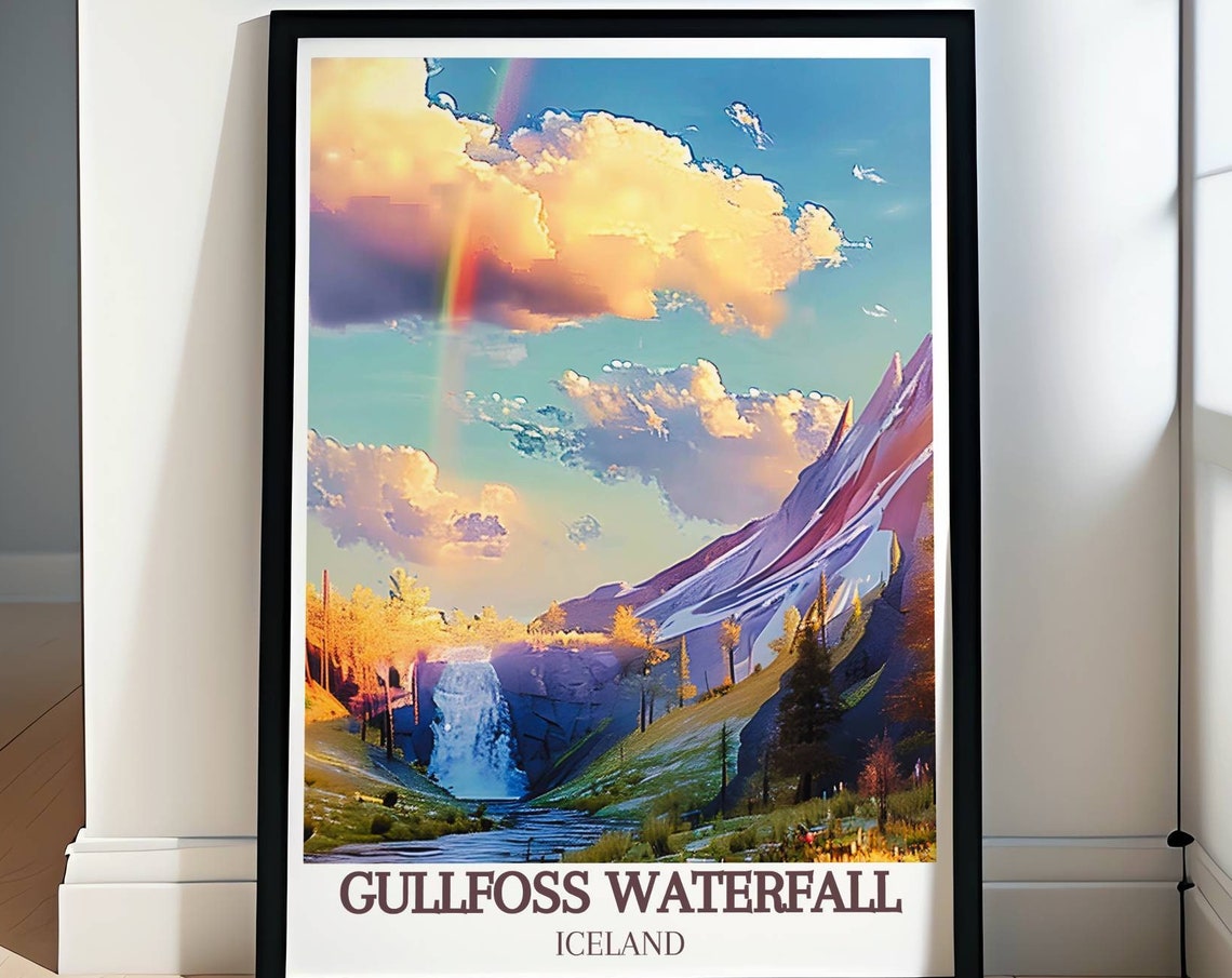 Gullfoss Waterfall Iceland Rainbow Over Green Mountain Valley Poster