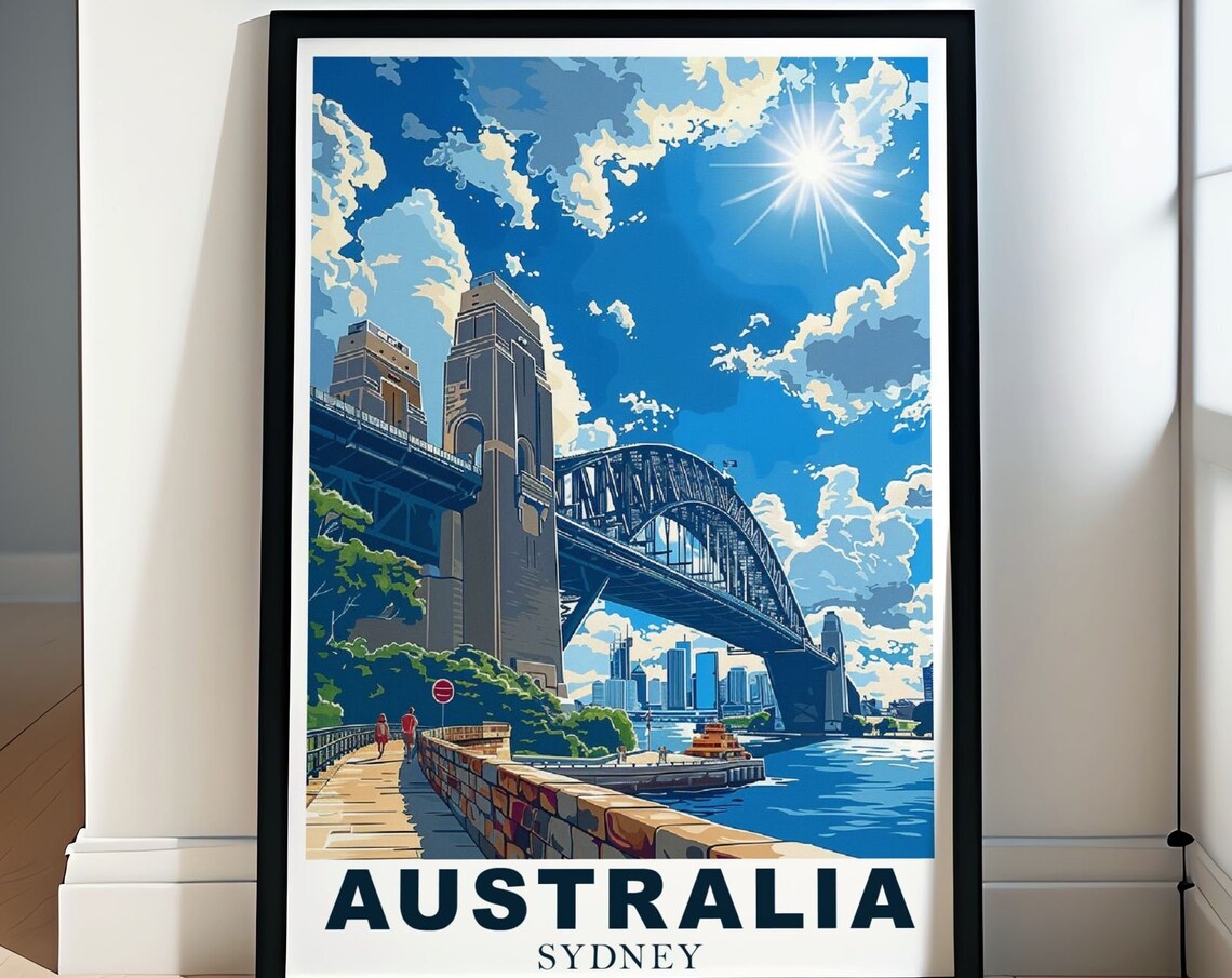Sydney Harbour Bridge Sunny Retro City Travel Poster Australia