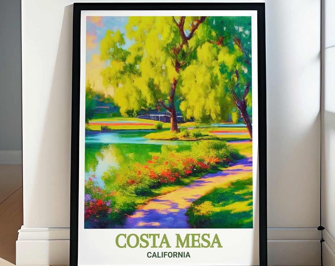 Sunlit Costa Mesa California Park Pond Willow Trees Travel Poster