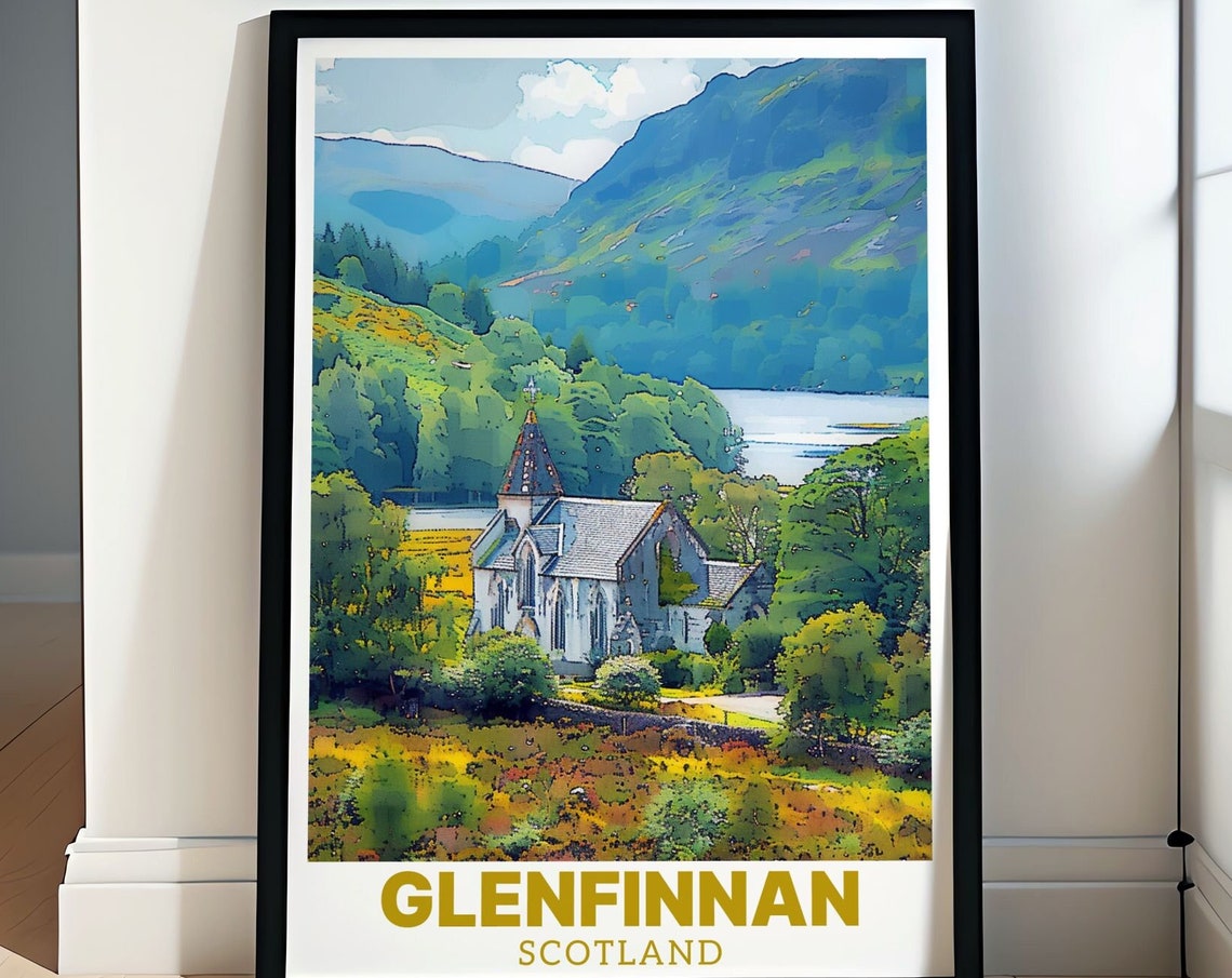 Glenfinnan Travel Poster Glenfinnan Church Print Scottish Highlands Artwork Vintage Travel Wall Art Scotland Scenic Poster