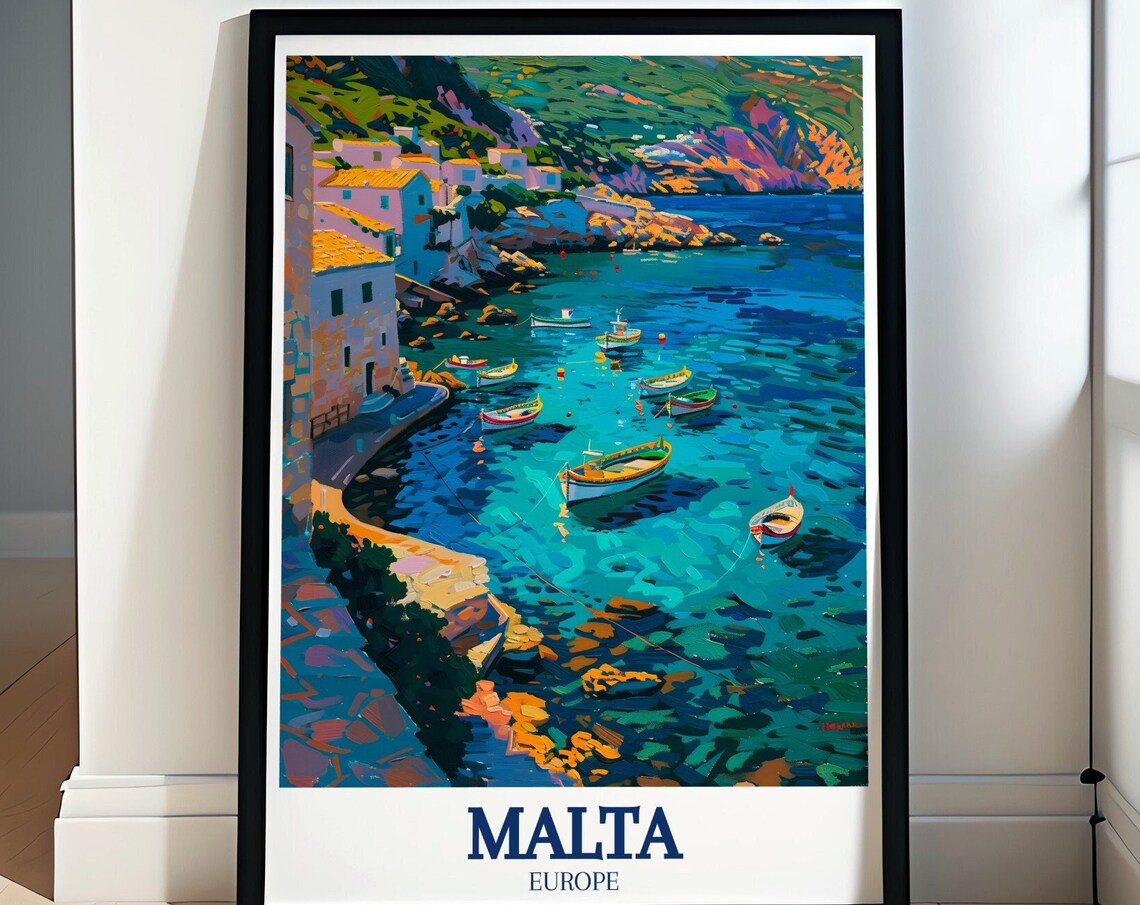 Malta Mediterranean Coast Fishing Village Boats Travel Poster