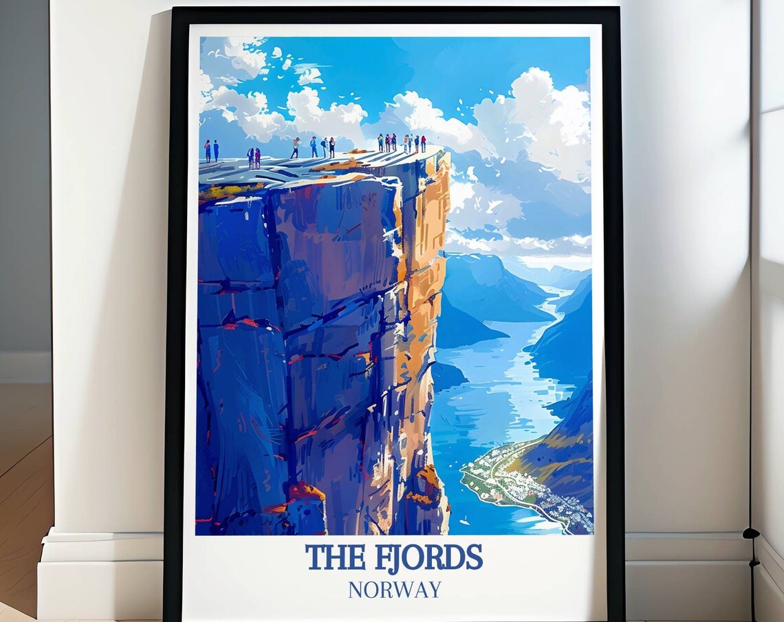 The Fjords Norway Travel Poster Dramatic Cliff Edge Overlook View