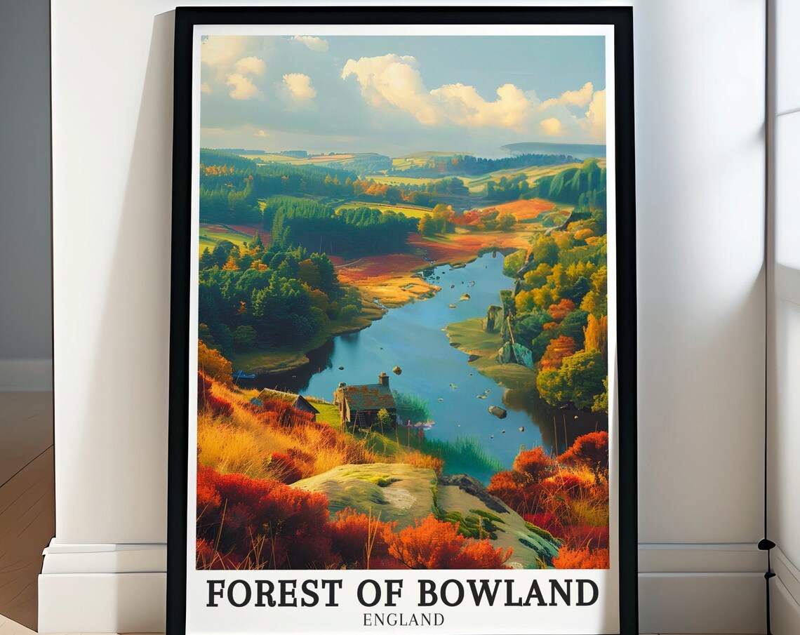 Forest Of Bowland Autumn Lake Cabins England Landscape Travel Poster