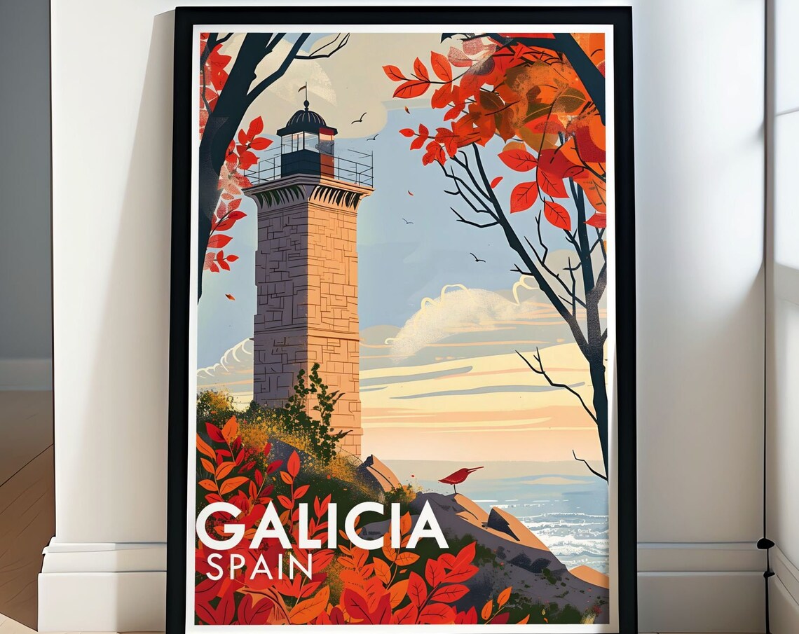 Galicia Spain Stone Lighthouse Framed by Red Autumn Trees Poster