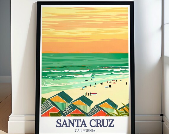 Santa Cruz Capitola Colorful Beach Cabins Surfers Sunset Poster