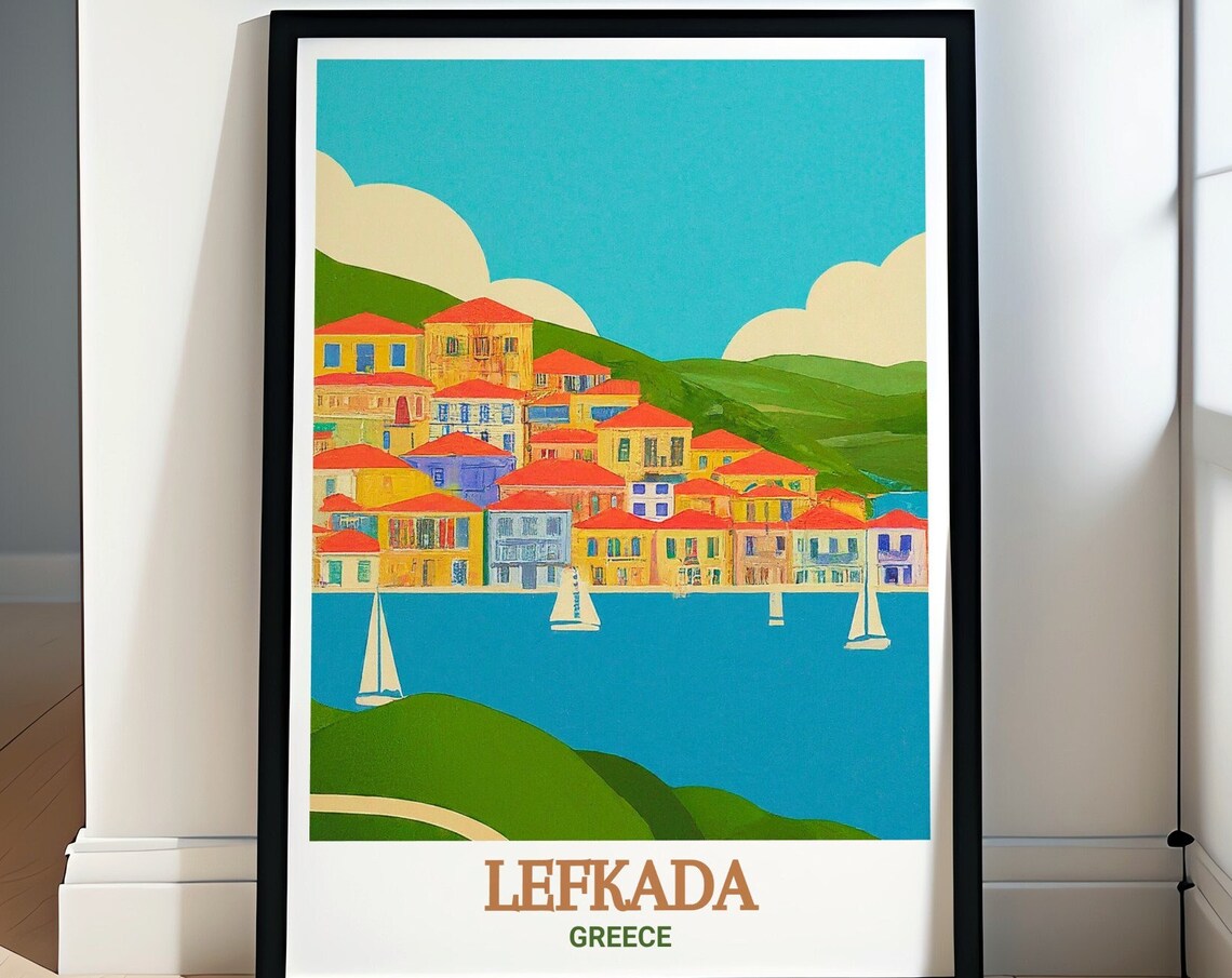 Lefkada Town Colorful Harbour Houses Waterfront Greece Travel Poster
