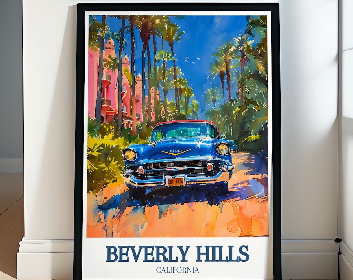 Beverly Hills California Classic Blue Car Pink Hotel Palms Poster