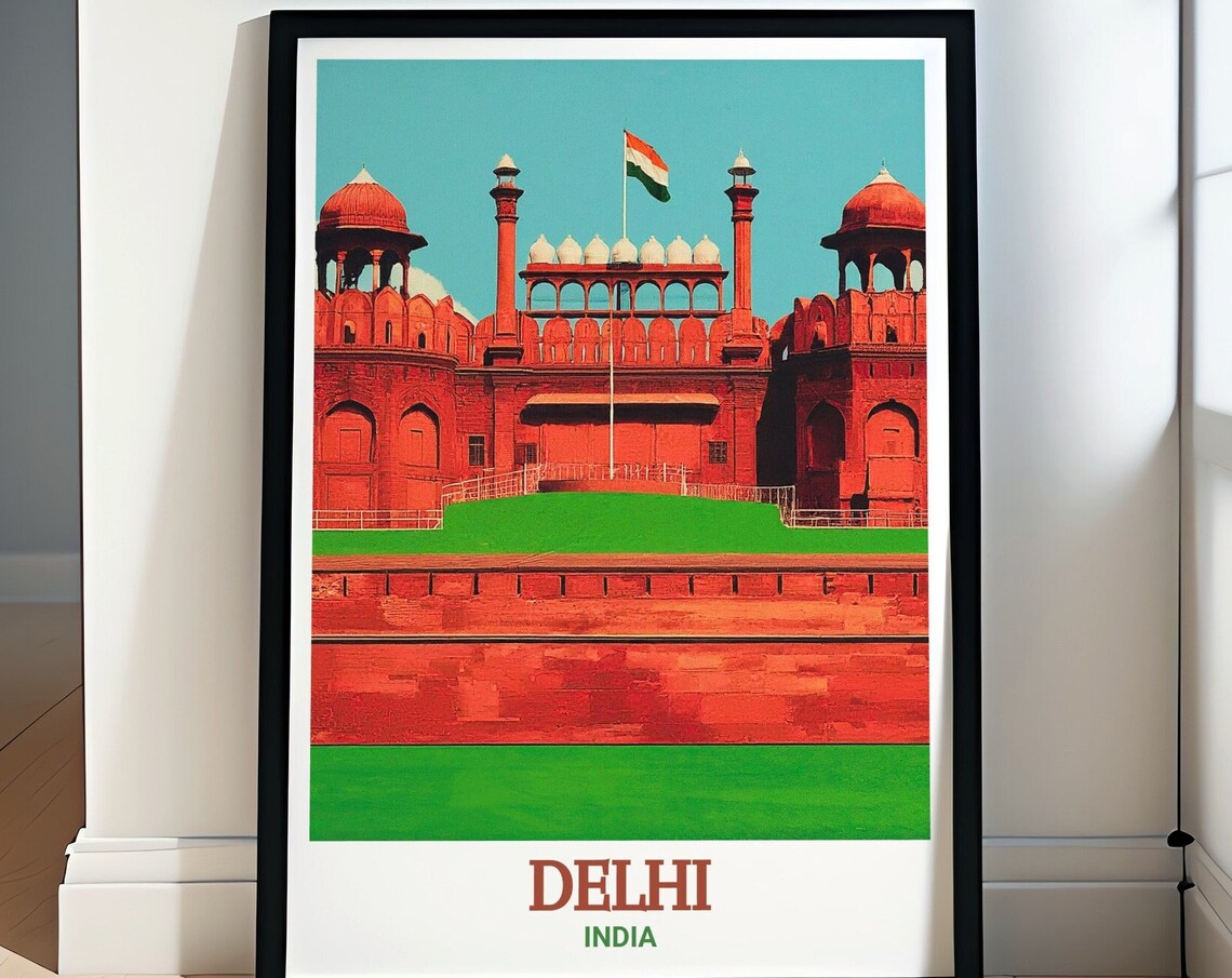 Delhi India Red Fort Landmark Bold Retro Cityscape Travel Poster