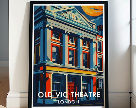 Old Vic Theatre London Nighttime Facade Art Deco Illustration Poster