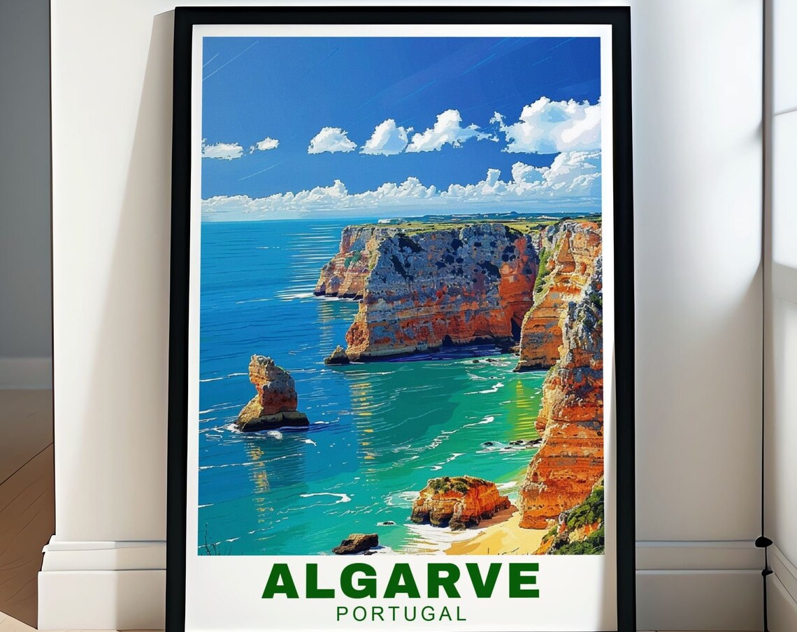 Algarve Portugal Red Rock Cliffs Turquoise Bay Travel Poster