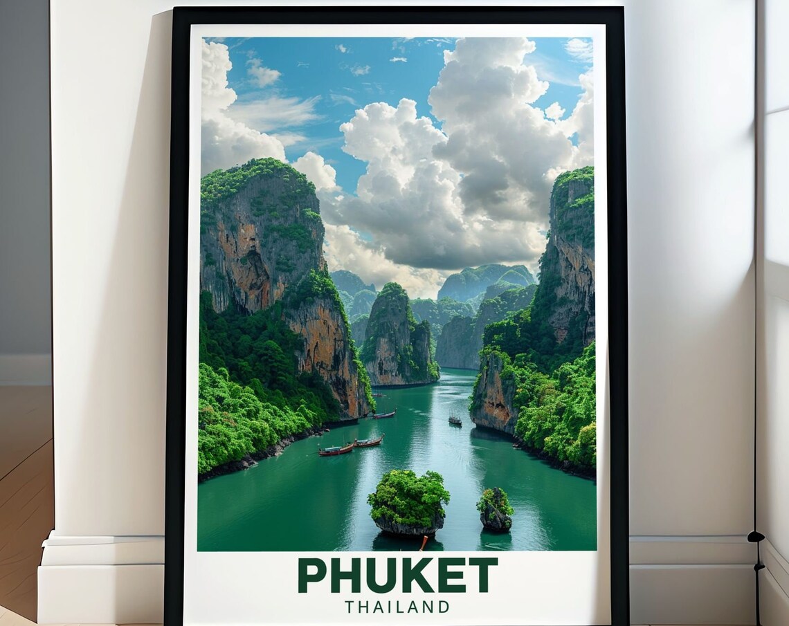 Phuket Thailand Phang Nga Bay Karst Cliffs Longtail Boats Poster