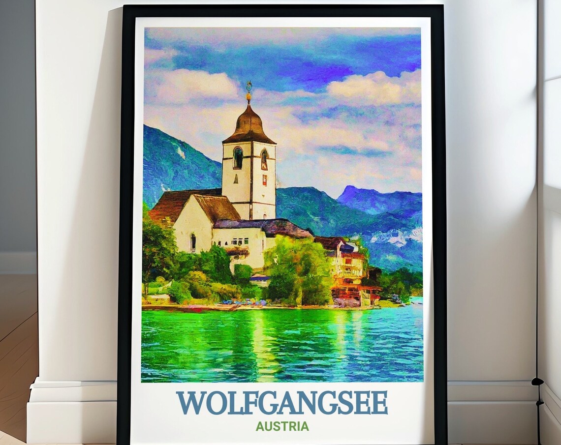 Wolfgangsee Austria Lakeside Church Watercolor Scenic Travel Poster