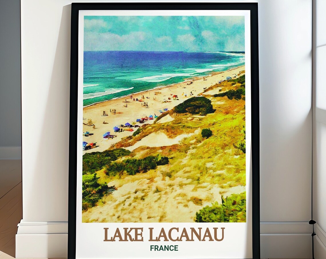 Lake Lacanau Sandy Beach Dunes and Turquoise Ocean View Poster