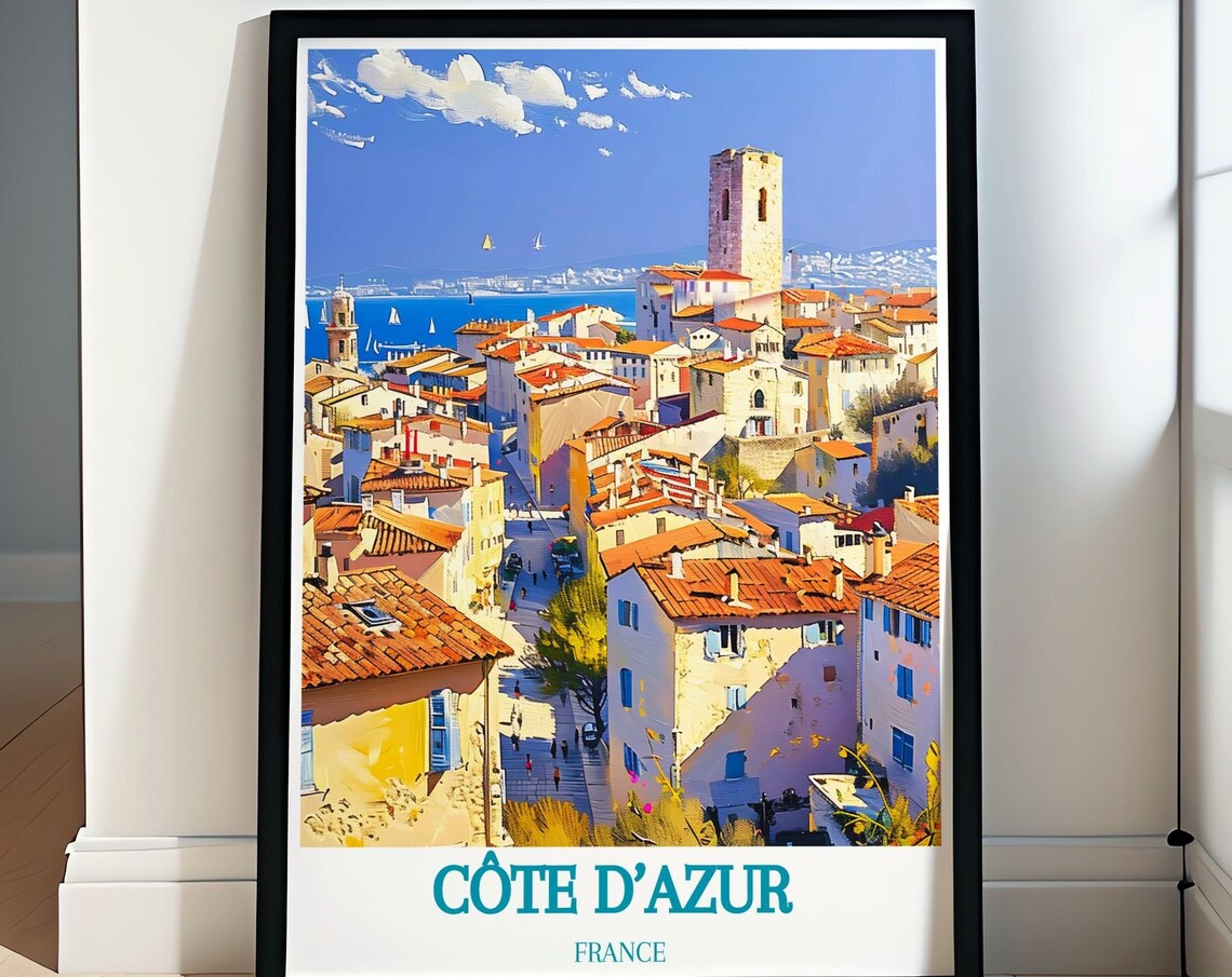 Cote d'Azur France Old Town Clock Tower Sea View Travel Poster