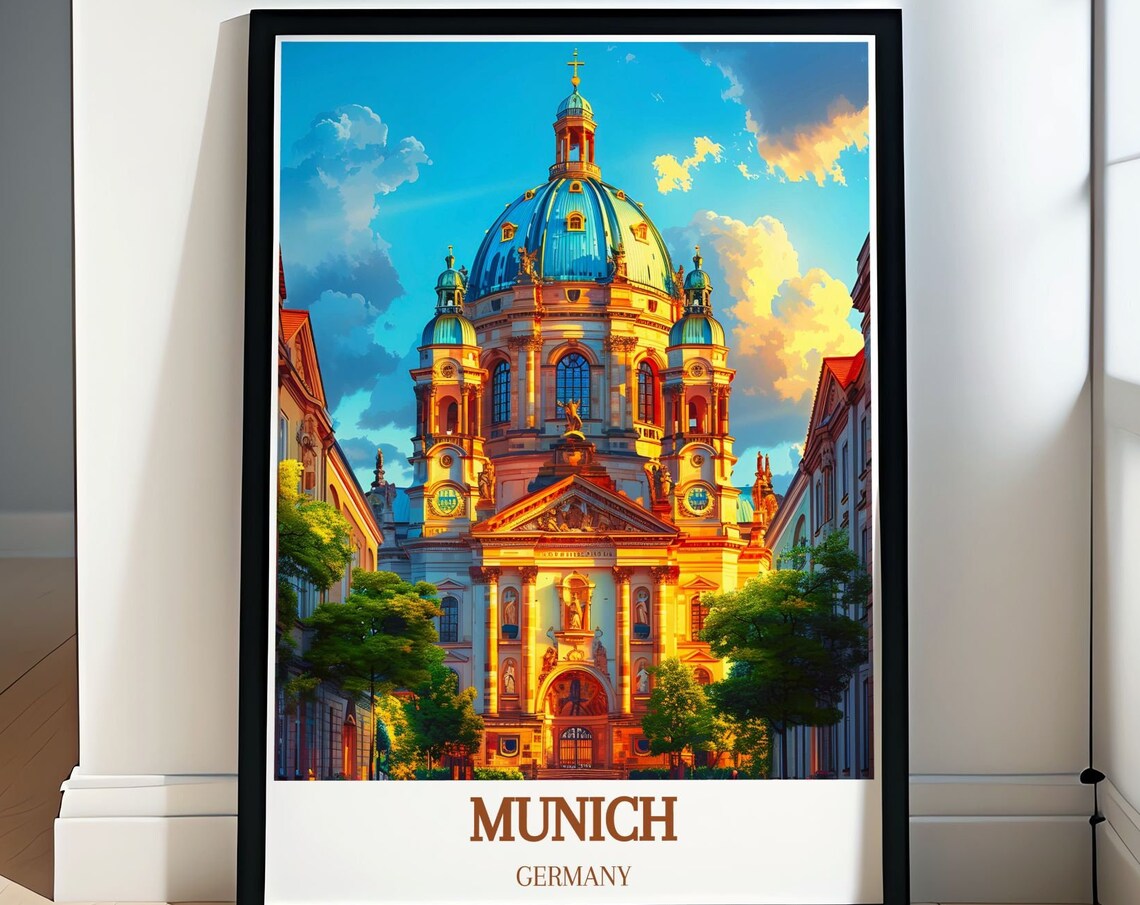 Munich Germany Golden Dome Cathedral Sunlit Facade Travel Poster Art