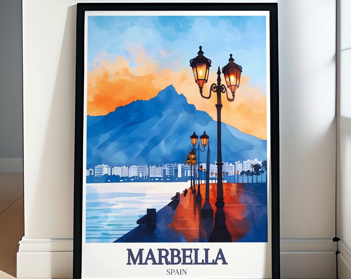 Marbella Promenade At Sunset La Concha Mountain Spain Travel Poster
