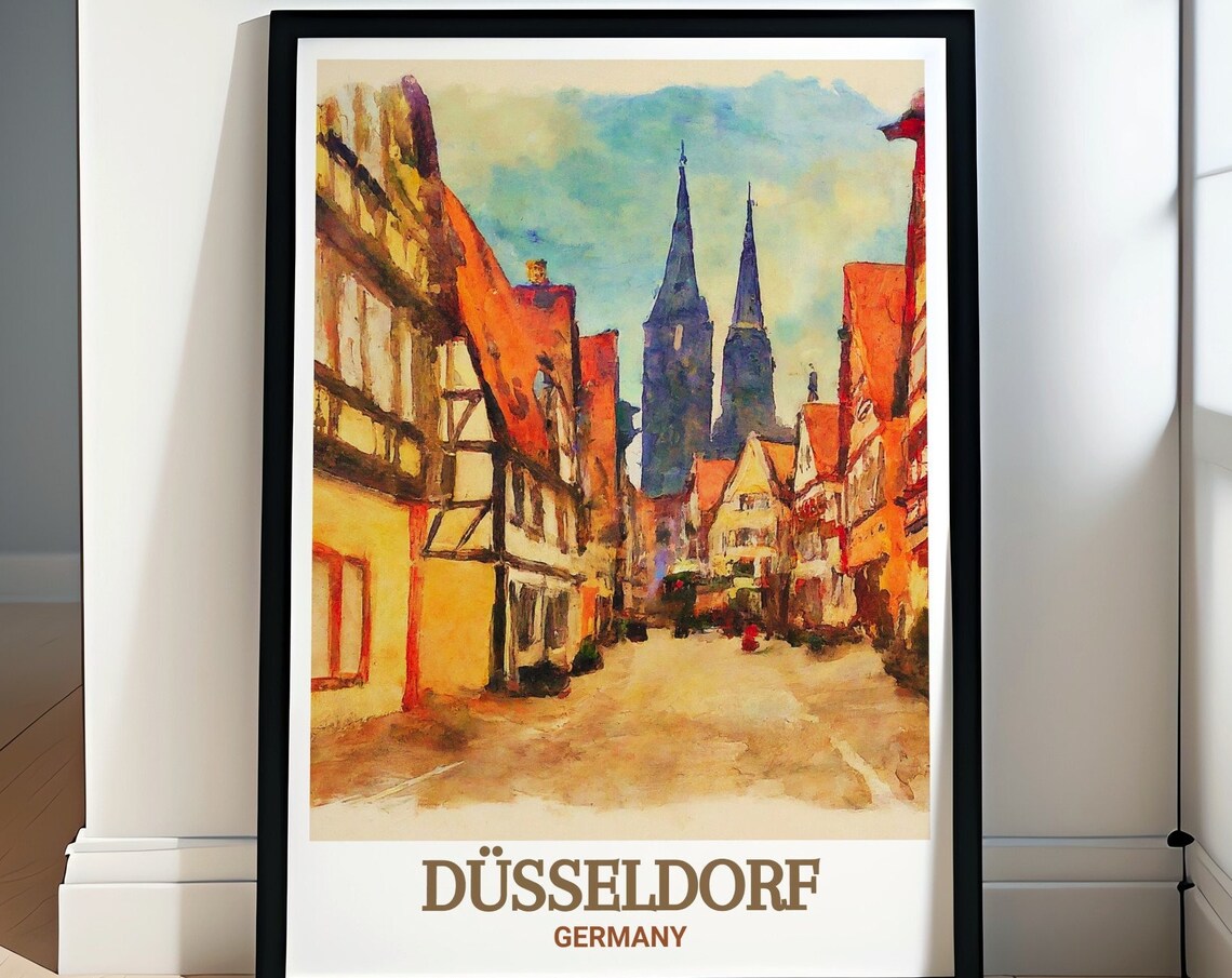 Düsseldorf Germany Altstadt Twin Church Street Watercolor Poster