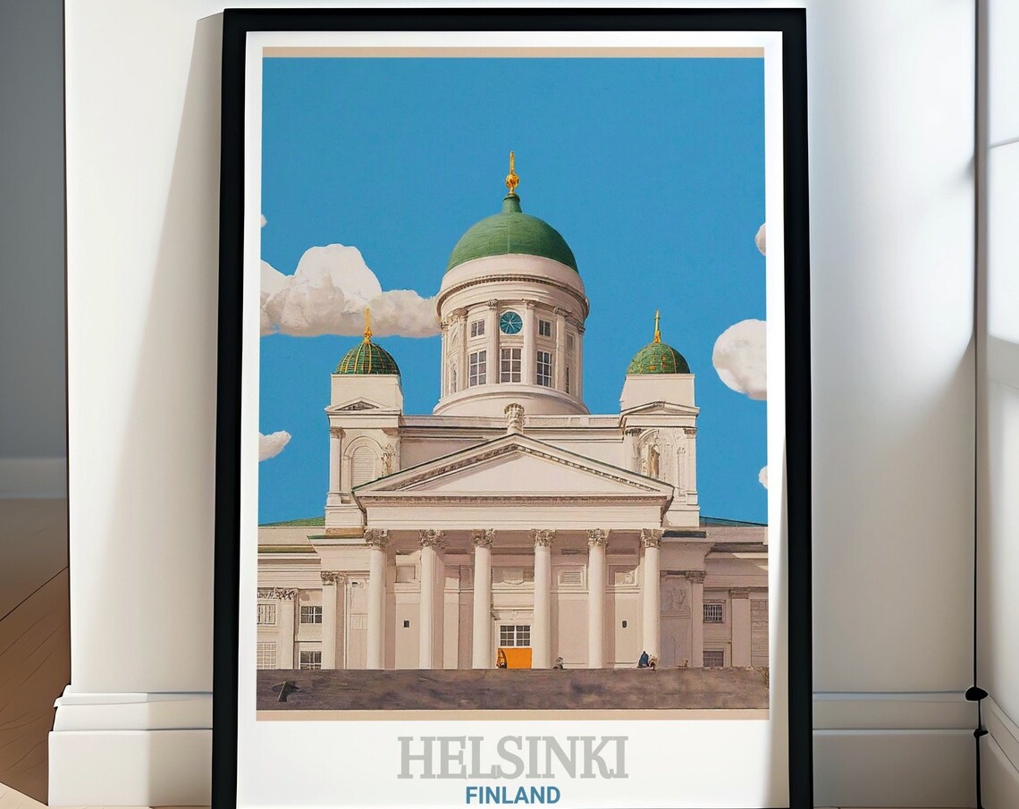 Helsinki Cathedral Finland Green Domes Vintage Travel Poster