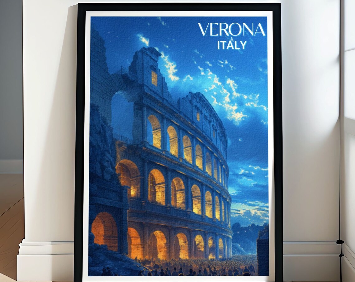 Verona Italy Ancient Arena Amphitheater Twilight Blue Glow Poster