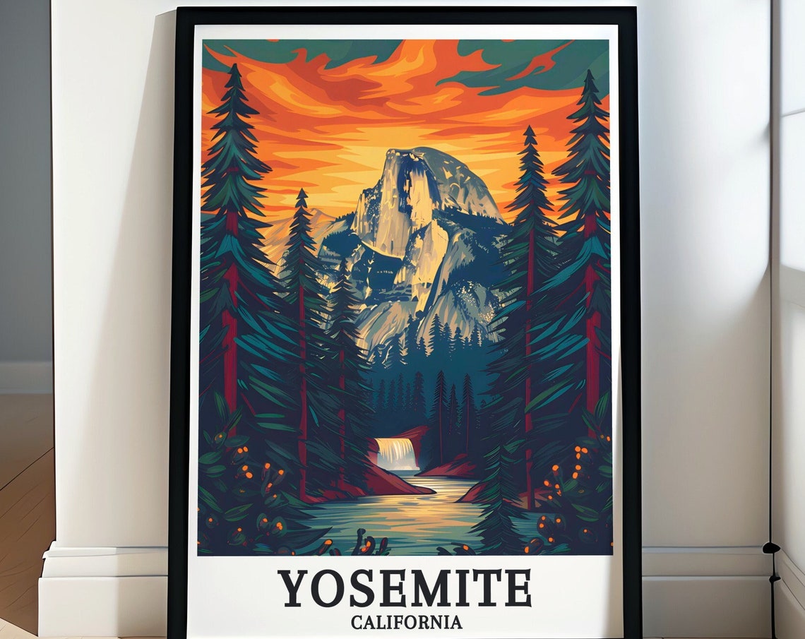 Yosemite Half Dome Fiery Sunset Pines River California Poster