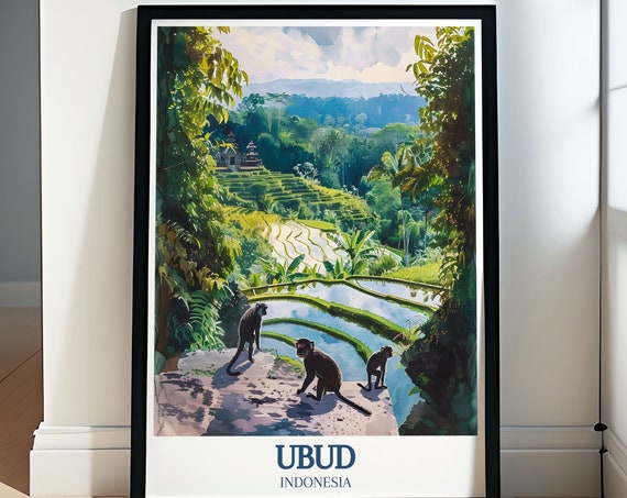 Ubud Monkeys Overlooking Rice Terraces Temple Bali Indonesia Poster